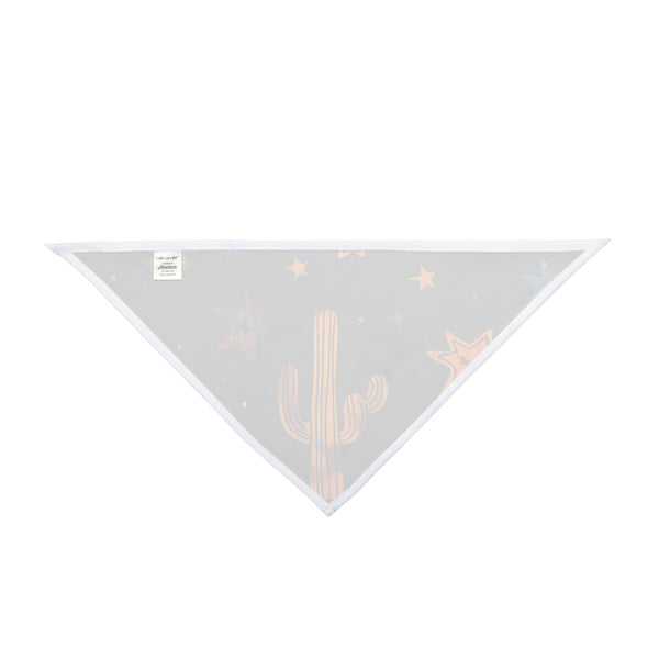 Triangular light-gray pet bandana with cactus and star prints, white edge