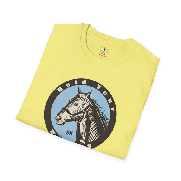 Yellow western graphic T-shirt with large circular horse artwork