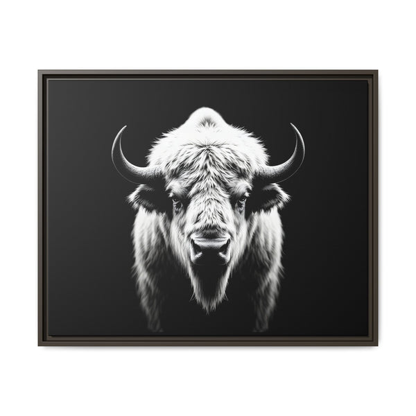 Framed bison portrait wall art with a centered muzzle and upward-curved horns