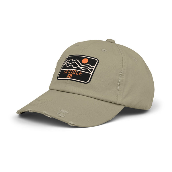 Light olive distressed dad hat, side view, with front patch logo and frayed brim