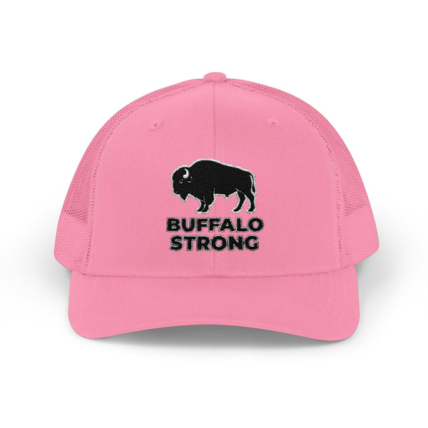 Pink western trucker hat with white mesh sides, Buffalo Strong logo