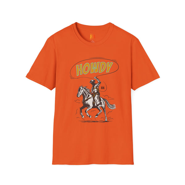Orange cowboy graphic T-shirt with Howdy western rider on horse print.