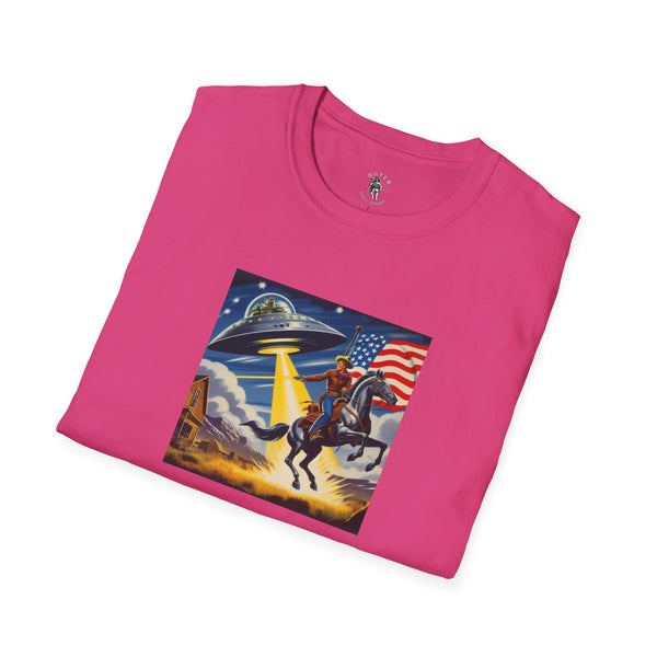Pink T-shirt with cosmic cowboy graphic, UFO and American flag on front