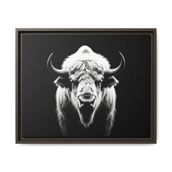 Framed bison head wall art with long horns, monochrome illustration