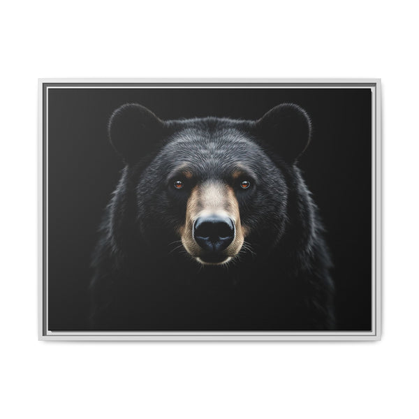 Framed canvas wall art of a black bear face portrait in a light silver frame