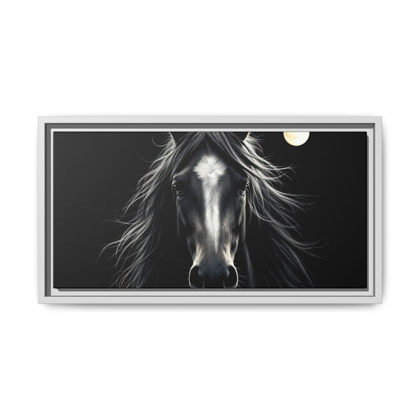 Framed western horse portrait on dark canvas with glowing moon; black outer frame