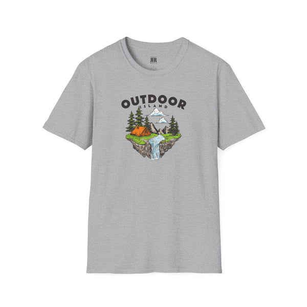Heather gray T-shirt with outdoor graphic print across the chest