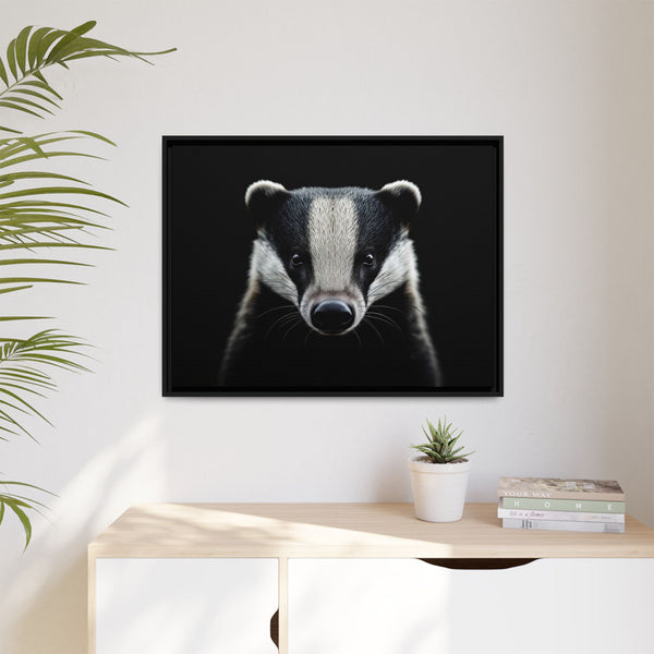 Framed wall canvas art featuring a small badger face print, black frame