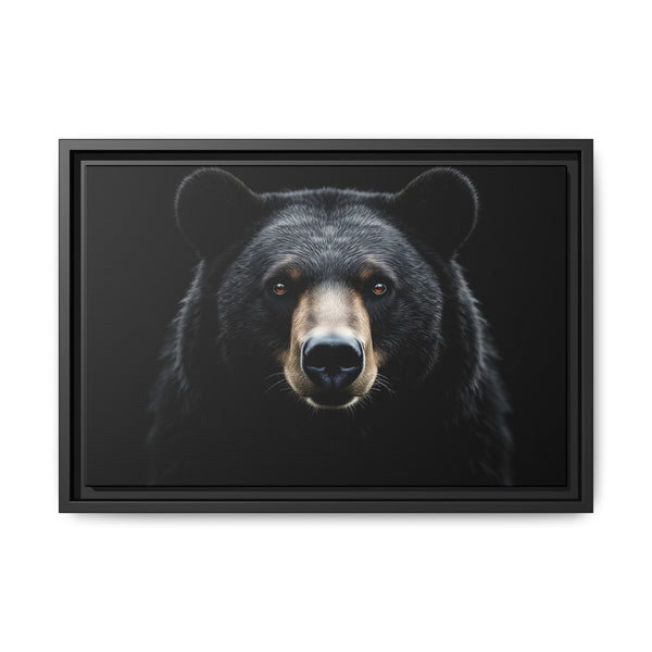 Framed bear canvas art with close-up bear face, black frame, dark background