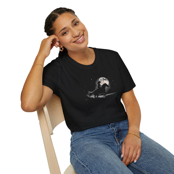 Women's black crewneck tee with moon-and-cowboy graphic