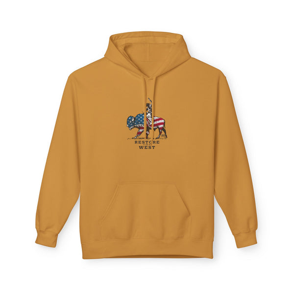 Mustard western wear hoodie with front pocket and hood, small chest logo