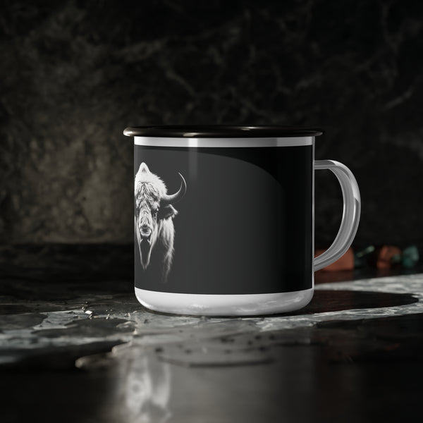 Black enamel camp mug with white buffalo graphic, black rim, white handle and base