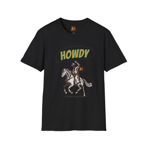 Black cowboy graphic T-shirt with Howdy western rider on horse print.