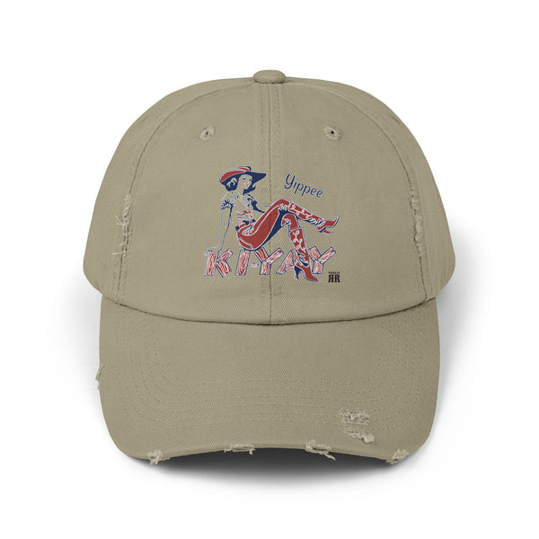 Yippie Ki-Yay Western Wear Distressed Dad Hat in Light Olive, front view