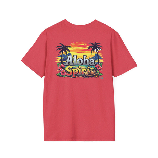 Men's red Aloha Spirit graphic T-shirt with palm trees and flowers
