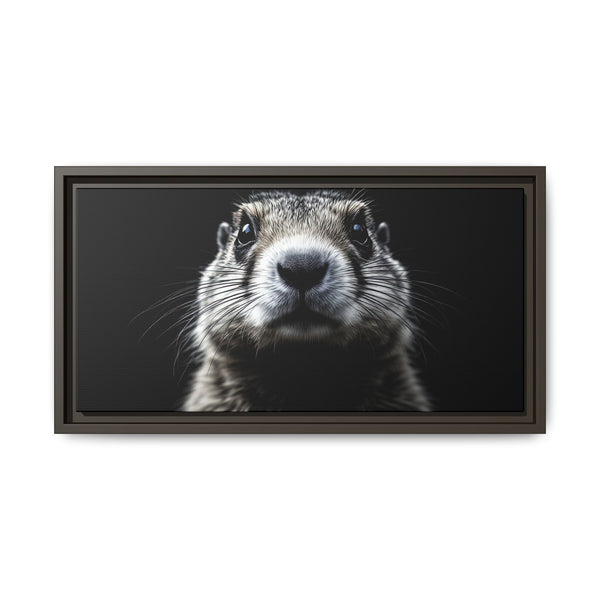 Black framed canvas art with a close-up prairie dog portrait in black and white