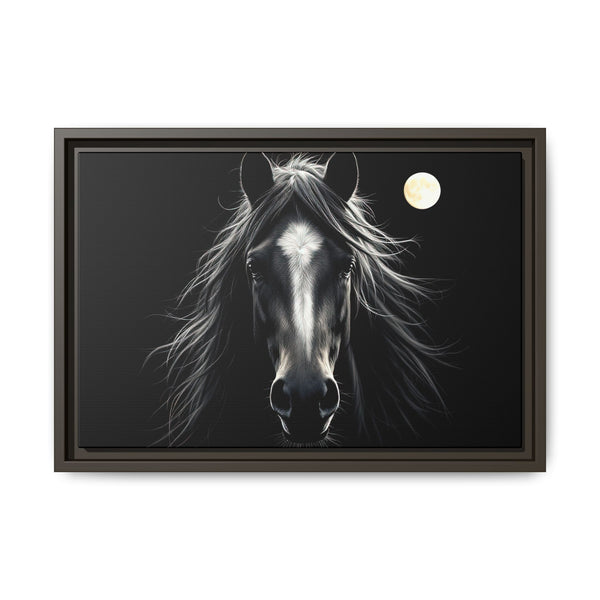 Framed canvas wall art of a black horse with full moon, dark brown frame