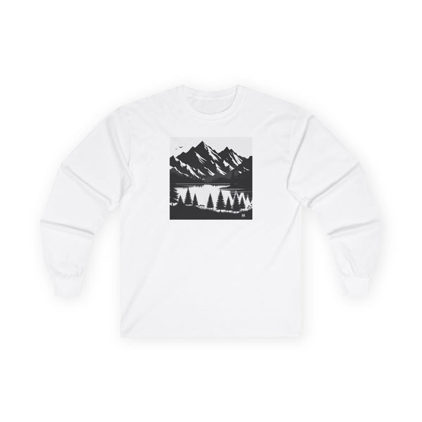 White long sleeve T-shirt with mountain and pine landscape graphic on front