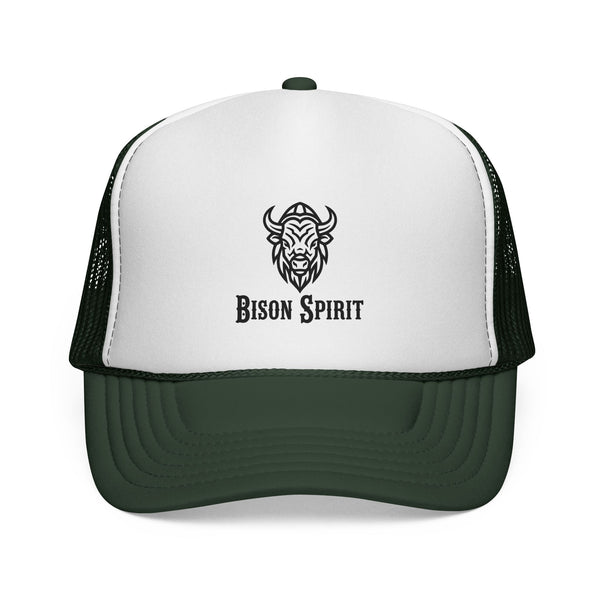 Western trucker hat with white front panel, dark green mesh, and Bison Spirit graphic
