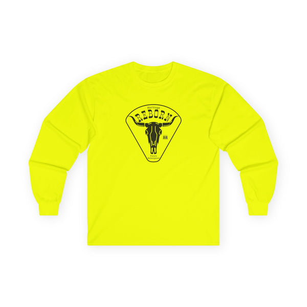 Safety green long-sleeve T-shirt with chest graphic print.