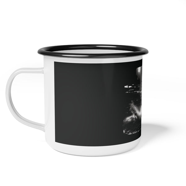 Enamel camp mug with partial barrel racer graphic, black body, white handle