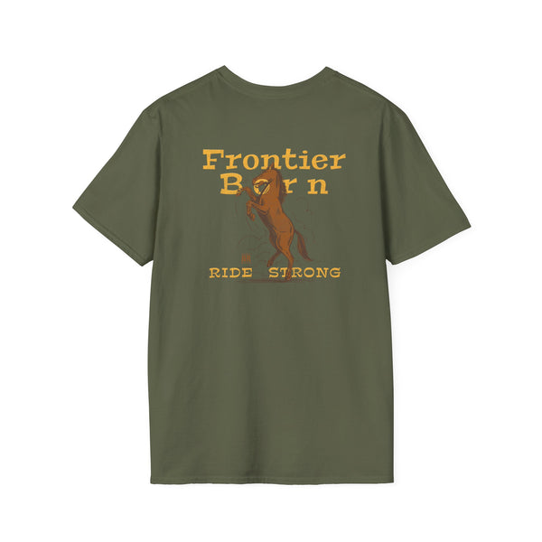 Olive green western graphic T-shirt with horse and “Ride Strong” text on front