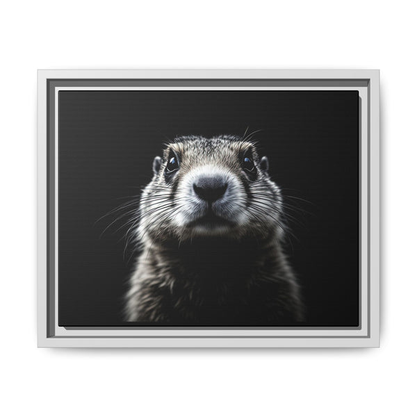 Framed canvas wall art with prairie dog portrait, light gray frame, dark background.