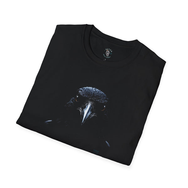 Black graphic tee with blue crow head print, angled view