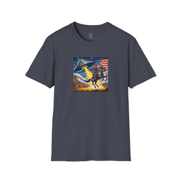 Dark charcoal T-shirt with cosmic cowboy graphic on the chest