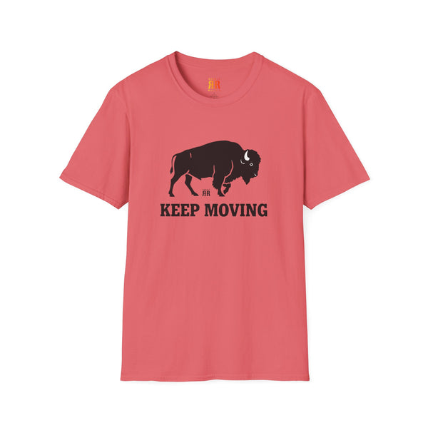 Coral red crew-neck Western t-shirt with black bison and “KEEP MOVING” graphic