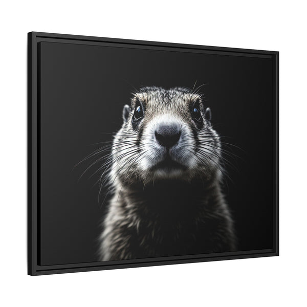 Black framed canvas art showing a centered prairie dog portrait in grayscale