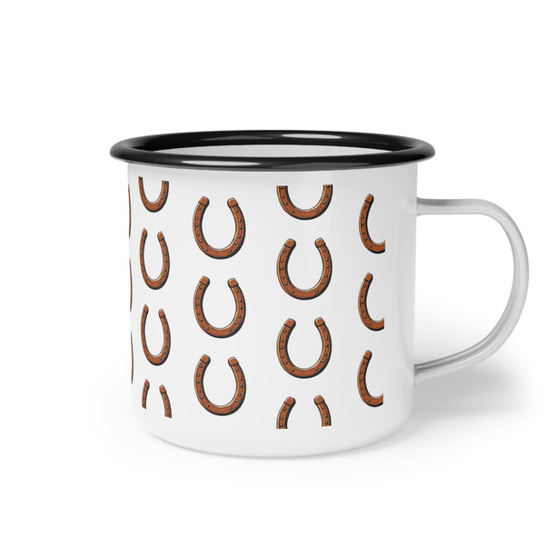 Enamel camp mug with black rim and brown horseshoe pattern, white with side handle