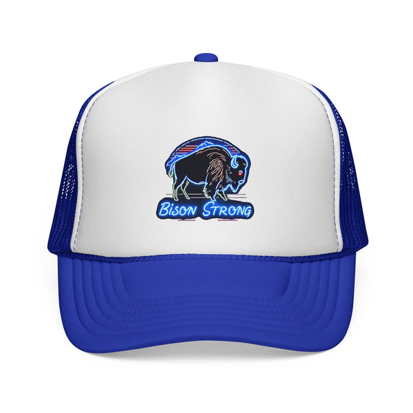 Trucker hat with white front panel, blue brim, blue mesh sides, bison logo embroidery