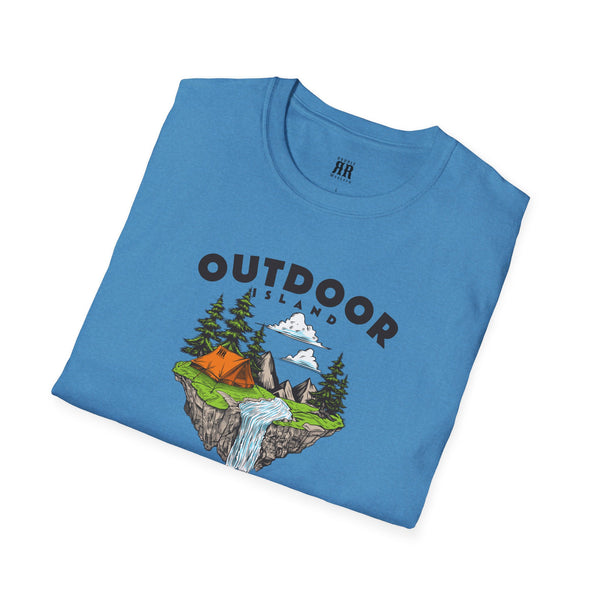 Blue graphic T-shirt with outdoor campsite illustration and large OUTDOOR lettering