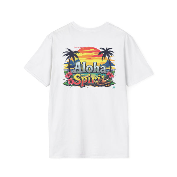 Men's white western graphic T-shirt with colorful Aloha Spirit back print