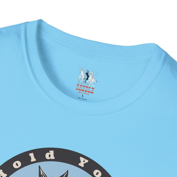 Light blue crew-neck T-shirt with small chest horse logo