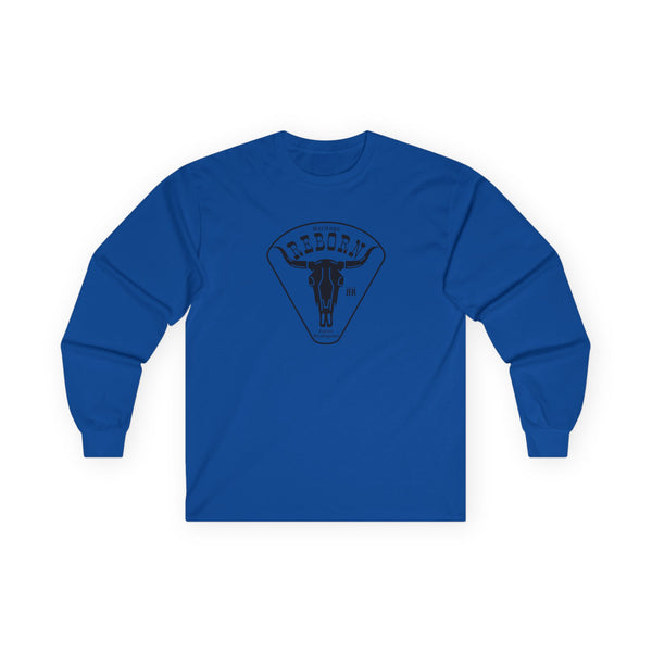 Royal blue long-sleeve T-shirt with chest graphic print.