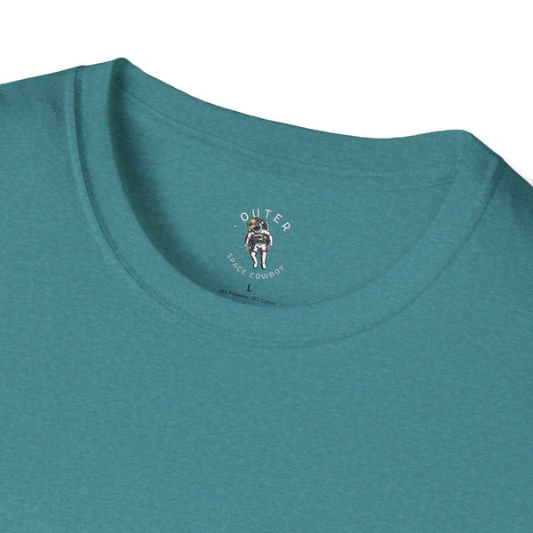 Island Cowboy Adventure Western Wear Graphic T-Shirt in Heather Galapagos Blue, collar detail