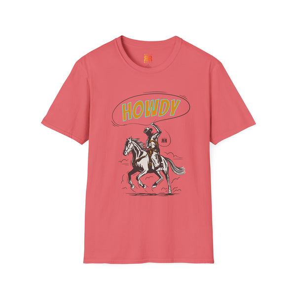 Coral pink cowboy graphic T-shirt with Howdy western rider on horse print.