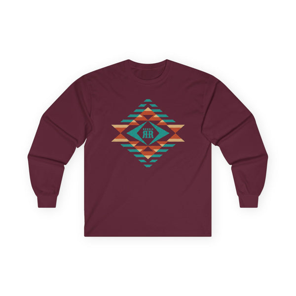 Maroon long sleeve western tee with multicolor geometric diamond graphic on chest