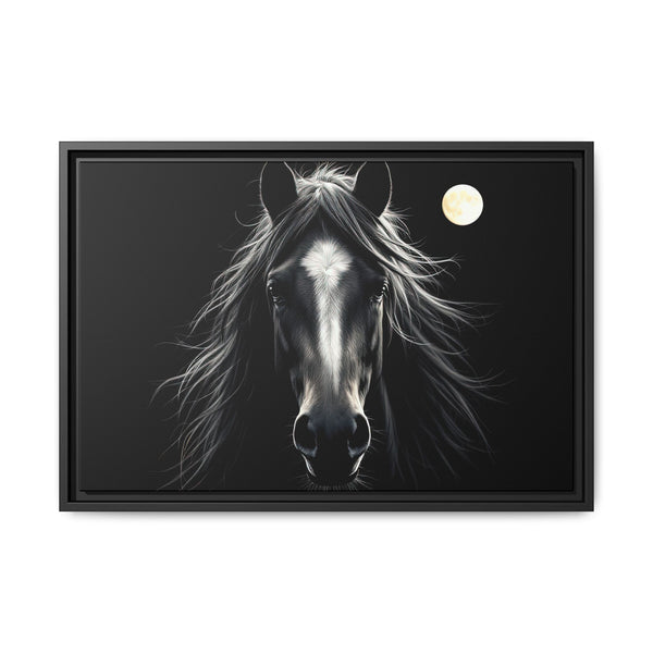 Framed canvas wall art of a black horse with full moon, black frame