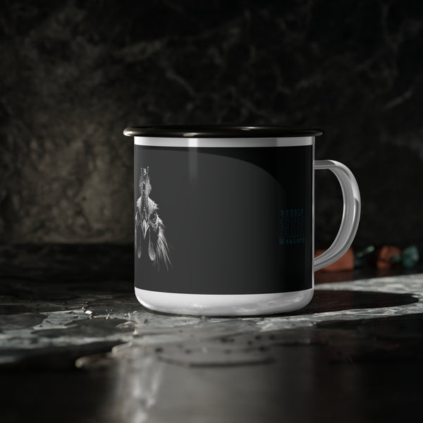 Black enamel camp mug with rooster and blue logo, black rim and white handle