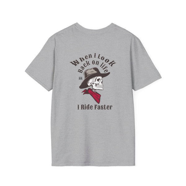 Gray crew-neck graphic T-shirt with back skull hat and “I Ride Faster” text