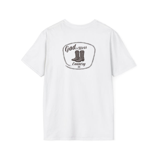 Heavy cotton T-shirt, white, crew neck with circular “God Bless Country” graphic.
