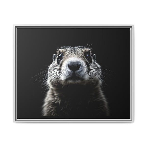 Framed canvas wall art with prairie dog portrait, light gray frame