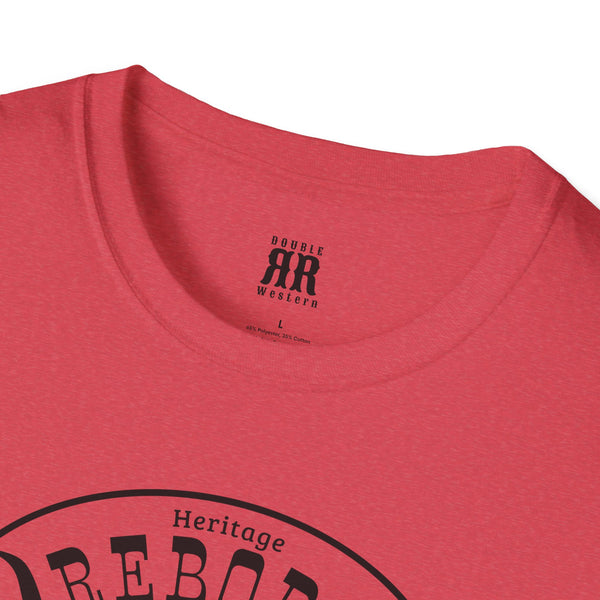 Red crewneck t-shirt neckline with black logo print