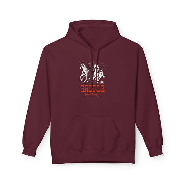 Maroon western wear hoodie with horse graphic logo on the chest and front kangaroo pocket