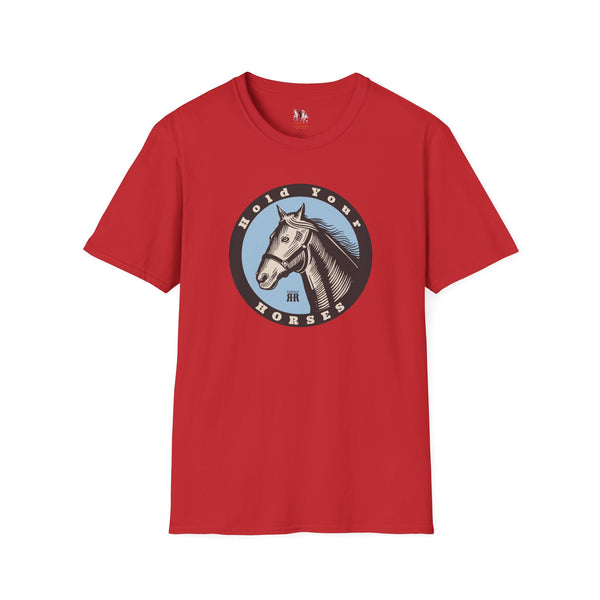 Red women’s western T-shirt with round horse graphic on the front