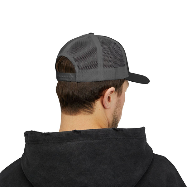 Gray mesh trucker hat with black adjustable strap and curved brim