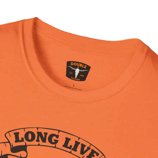 Orange T-shirt neckline with brand label under the crew neck collar
